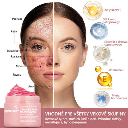 Krém na pleťskolagénom akoenzýmom Q10 v gélovej forme, schválený Slovenskou dermatologickou spoločnosťou (pomáha pri liečbe akné, bradavíc, ružovky, psoriázy, stareckých škvŕn, ekzémov a znižuje výskyt strií).